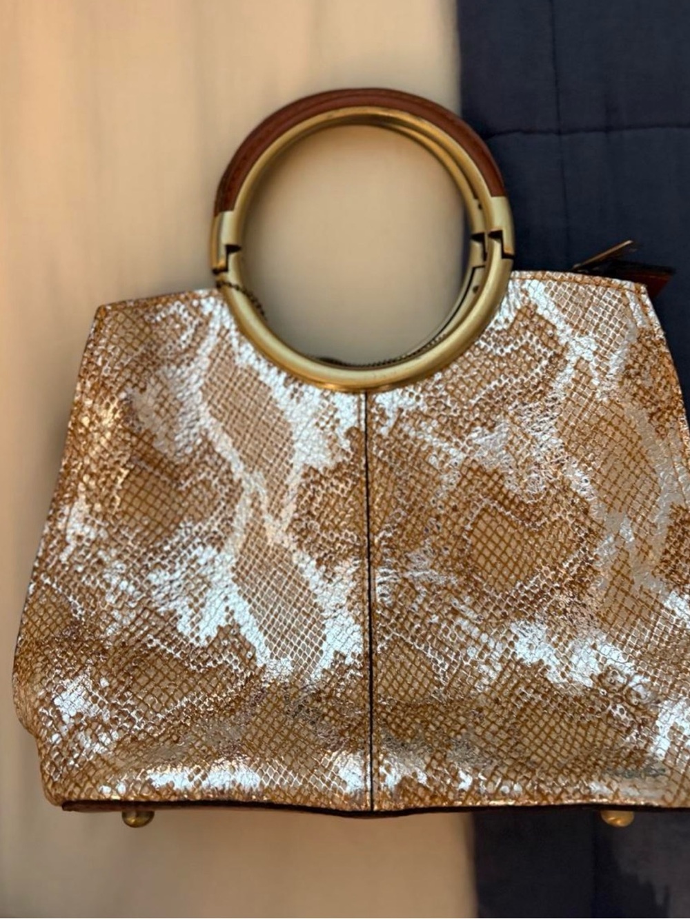 GorgeousVintage Patricia Nash Metallic Gold Snake-Effect Tote with Round Handles